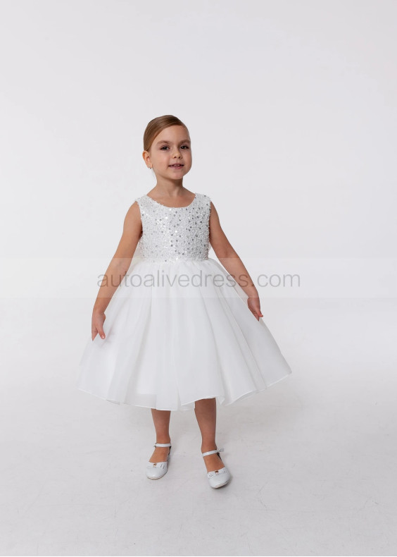 White Beaded Organza V Back Flower Girl Dress